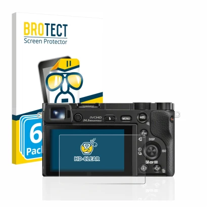Parte frontale di una confezione del prodotto con il logo del marchio BROTECT. Accanto è raffigurato il dispositivo Sony Alpha