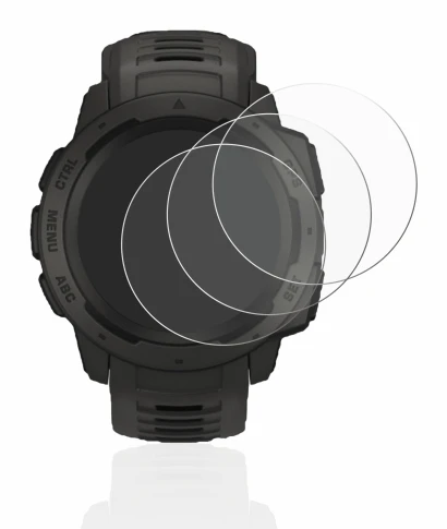 Immagine del dispositivo Garmin Instinct Solar con un'ampia varietà di protezioni per lo schermo.