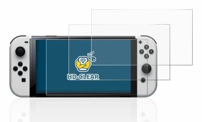 Immagine del dispositivo Nintendo Switch OLED-Modell con un'ampia varietà di protezioni per lo schermo.