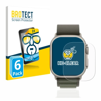 Parte frontale di una confezione del prodotto con il logo del marchio BROTECT. Accanto è raffigurato il dispositivo Apple Watc