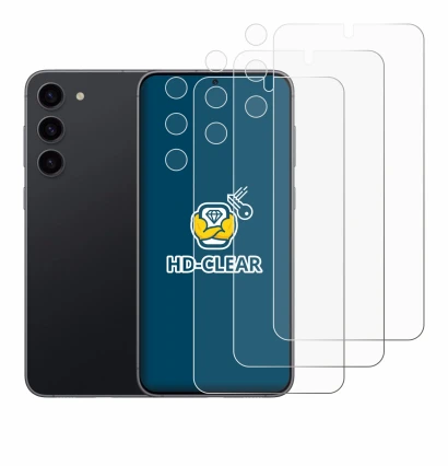 Immagine del dispositivo Samsung Galaxy S23 (Fronte+Fotocamera) con un'ampia varietà di protezioni per lo schermo.