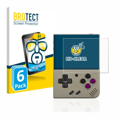 Parte frontale di una confezione del prodotto con il logo del marchio BROTECT. Accanto è raffigurato il dispositivo Miyoo Mini