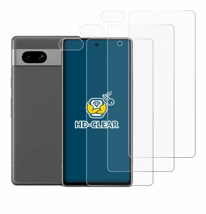 Immagine del dispositivo Google Pixel 7a (Fronte+Fotocamera) con un'ampia varietà di protezioni per lo schermo.