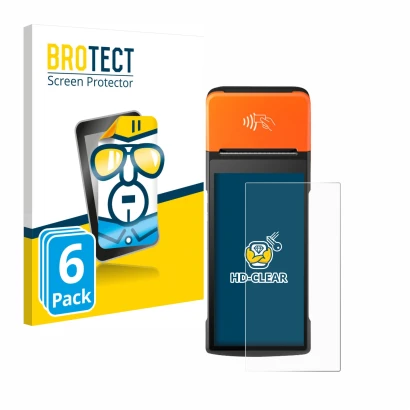 Parte frontale di una confezione del prodotto con il logo del marchio BROTECT. Accanto è raffigurato il dispositivo Sunmi V2 P