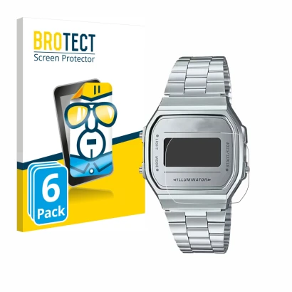 Parte frontale di una confezione del prodotto con il logo del marchio BROTECT. Accanto è raffigurato il dispositivo Casio A168