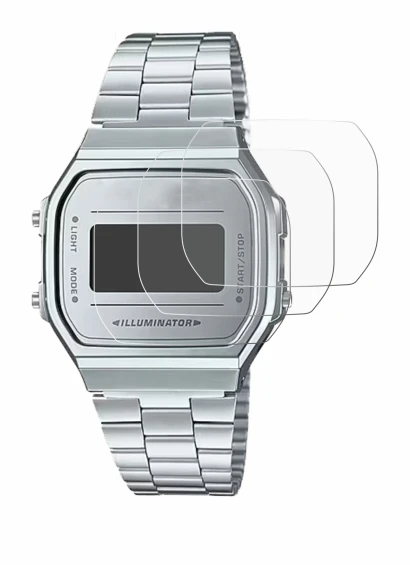 Immagine del dispositivo Casio A168WEM-7EF con un'ampia varietà di protezioni per lo schermo.