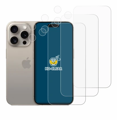 Immagine del dispositivo Apple iPhone 15 Pro (Fronte+Fotocamera) con un'ampia varietà di protezioni per lo schermo.