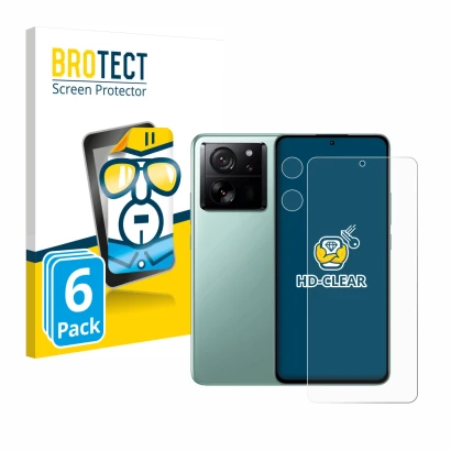 Parte frontale di una confezione del prodotto con il logo del marchio BROTECT. Accanto è raffigurato il dispositivo Xiaomi 13T