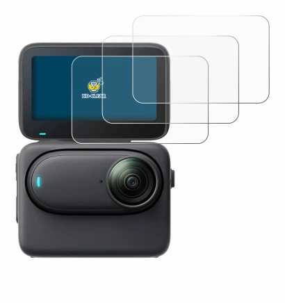 Immagine del dispositivo Insta360 Go 3S con un'ampia varietà di protezioni per lo schermo.
