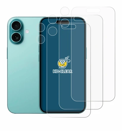 Immagine del dispositivo Apple iPhone 16 (Fronte+Fotocamera) con un'ampia varietà di protezioni per lo schermo.