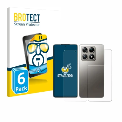 Parte frontale di una confezione del prodotto con il logo del marchio BROTECT. Accanto è raffigurato il dispositivo Xiaomi 14T