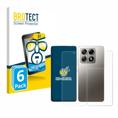 Parte frontale di una confezione del prodotto con il logo del marchio BROTECT. Accanto è raffigurato il dispositivo Xiaomi 14T