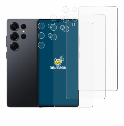 Immagine del dispositivo Samsung Galaxy S25 Ultra (Fronte+Fotocamera) con un'ampia varietà di protezioni per lo schermo.