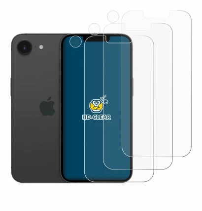 Immagine del dispositivo Apple iPhone 16e (Fronte+Fotocamera) con un'ampia varietà di protezioni per lo schermo.