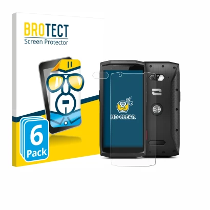 Parte frontale di una confezione del prodotto con il logo del marchio BROTECT. Accanto è raffigurato il dispositivo Crosscall 