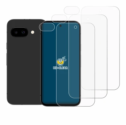 Immagine del dispositivo Google Pixel 9a (Fronte+Fotocamera) con un'ampia varietà di protezioni per lo schermo.