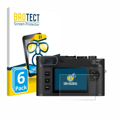 Parte frontale di una confezione del prodotto con il logo del marchio BROTECT. Accanto è raffigurato il dispositivo Leica M EV