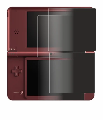 Immagine del dispositivo Nintendo DSi XL con un'ampia varietà di protezioni per lo schermo.