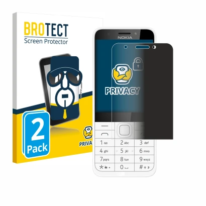 Parte frontale di una confezione del prodotto con il logo del marchio BROTECT. Accanto è raffigurato il dispositivo Nokia 230