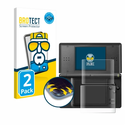 Parte frontale di una confezione del prodotto con il logo del marchio BROTECT. Accanto è raffigurato il dispositivo Nintendo D