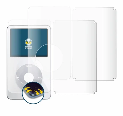 Immagine del dispositivo Apple iPod Classic Video (Fronte+Retro) con un'ampia varietà di protezioni per lo schermo.