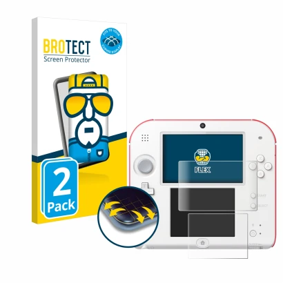 Parte frontale di una confezione del prodotto con il logo del marchio BROTECT. Accanto è raffigurato il dispositivo Nintendo 2