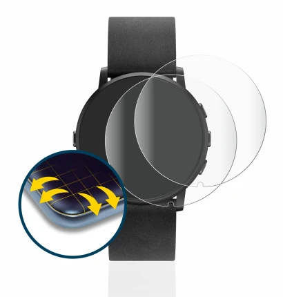 Immagine del dispositivo Pebble Time Round con un'ampia varietà di protezioni per lo schermo.