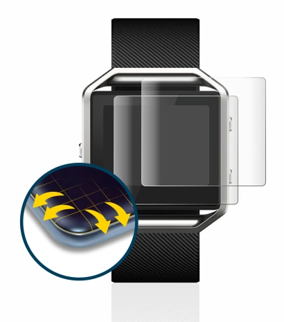 Immagine del dispositivo Fitbit Blaze con un'ampia varietà di protezioni per lo schermo.