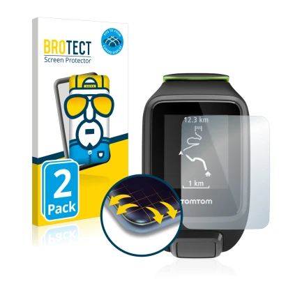 Parte frontale di una confezione del prodotto con il logo del marchio BROTECT. Accanto è raffigurato il dispositivo TomTom Run