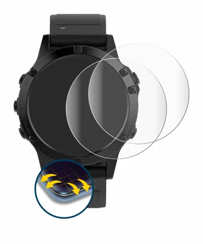 Immagine del dispositivo Garmin Fenix 5 (47 mm) con un'ampia varietà di protezioni per lo schermo.