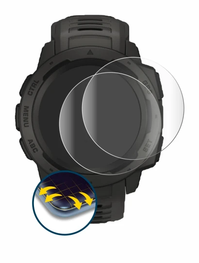 Immagine del dispositivo Garmin Instinct con un'ampia varietà di protezioni per lo schermo.