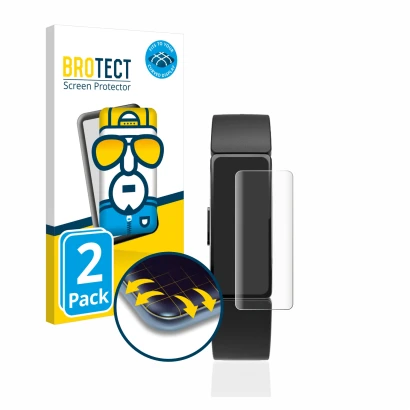 Parte frontale di una confezione del prodotto con il logo del marchio BROTECT. Accanto è raffigurato il dispositivo Fitbit Ins
