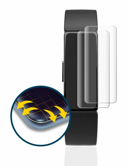 Immagine del dispositivo Fitbit Inspire con un'ampia varietà di protezioni per lo schermo.