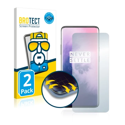 Parte frontale di una confezione del prodotto con il logo del marchio BROTECT. Accanto è raffigurato il dispositivo OnePlus 7 