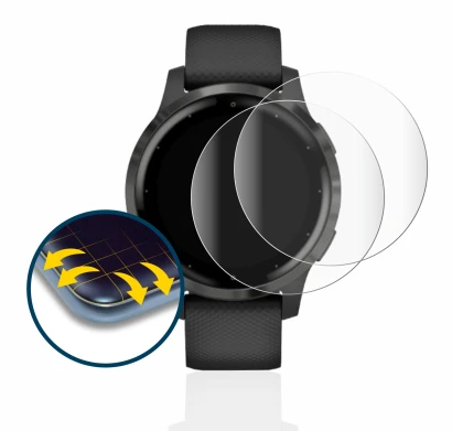 Immagine del dispositivo Garmin vivoactive 4 (45 mm) con un'ampia varietà di protezioni per lo schermo.