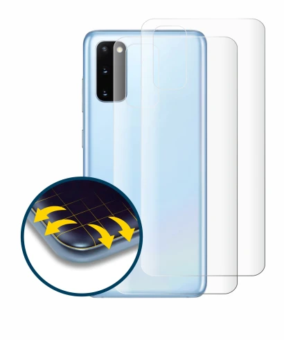 Immagine del dispositivo Samsung Galaxy S20 (Posteriore) con un'ampia varietà di protezioni per lo schermo.