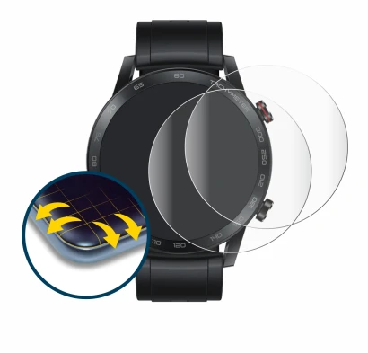 Immagine del dispositivo Honor Watch Magic 2 (46 mm) con un'ampia varietà di protezioni per lo schermo.