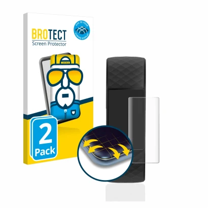 Parte frontale di una confezione del prodotto con il logo del marchio BROTECT. Accanto è raffigurato il dispositivo Fitbit Cha