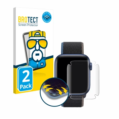 Parte frontale di una confezione del prodotto con il logo del marchio BROTECT. Accanto è raffigurato il dispositivo Apple Watc
