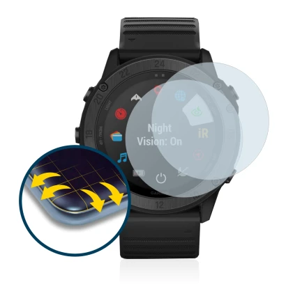 Immagine del dispositivo Garmin Tactix Delta Solar con un'ampia varietà di protezioni per lo schermo.