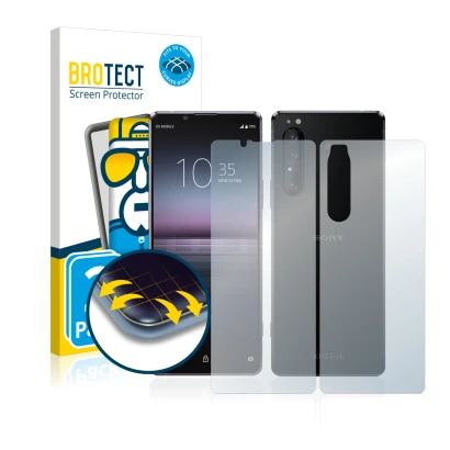 Parte frontale di una confezione del prodotto con il logo del marchio BROTECT. Accanto è raffigurato il dispositivo Sony Xperi