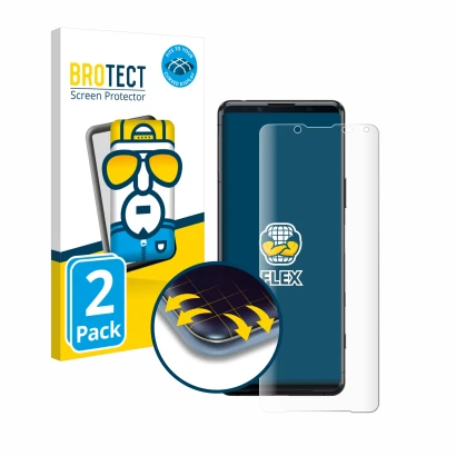 Parte frontale di una confezione del prodotto con il logo del marchio BROTECT. Accanto è raffigurato il dispositivo Sony Xperi