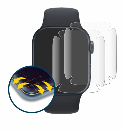 Immagine del dispositivo Apple Watch Series 7 (41 mm) con un'ampia varietà di protezioni per lo schermo.