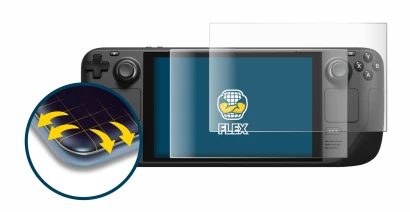 Immagine del dispositivo Valve Steam Deck con un'ampia varietà di protezioni per lo schermo.