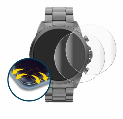 Immagine del dispositivo Fossil Gen 6 (44mm) con un'ampia varietà di protezioni per lo schermo.