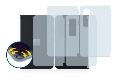Immagine del dispositivo Microsoft Surface Duo 2 (Fronte+Retro) con un'ampia varietà di protezioni per lo schermo.