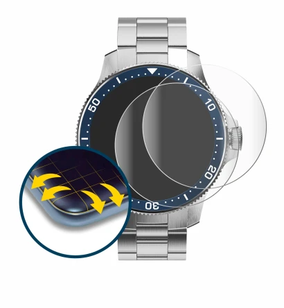 Immagine del dispositivo Withings ScanWatch Horizon (43 mm) con un'ampia varietà di protezioni per lo schermo.