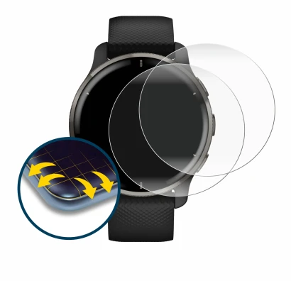 Immagine del dispositivo Garmin Venu 2 Plus con un'ampia varietà di protezioni per lo schermo.