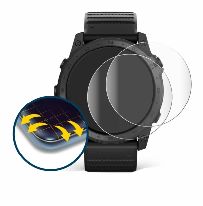 Immagine del dispositivo Garmin Tactix 7 Pro con un'ampia varietà di protezioni per lo schermo.