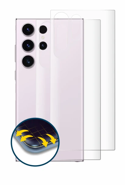 Immagine del dispositivo Samsung Galaxy S23 Ultra (Posteriore) con un'ampia varietà di protezioni per lo schermo.